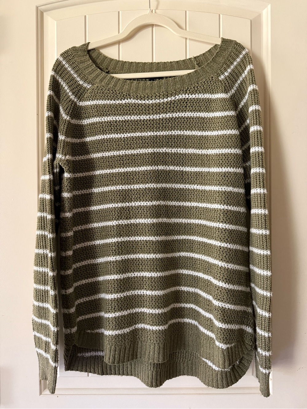 Staccato Olive Green & White Striped Scoop Neck Sweater